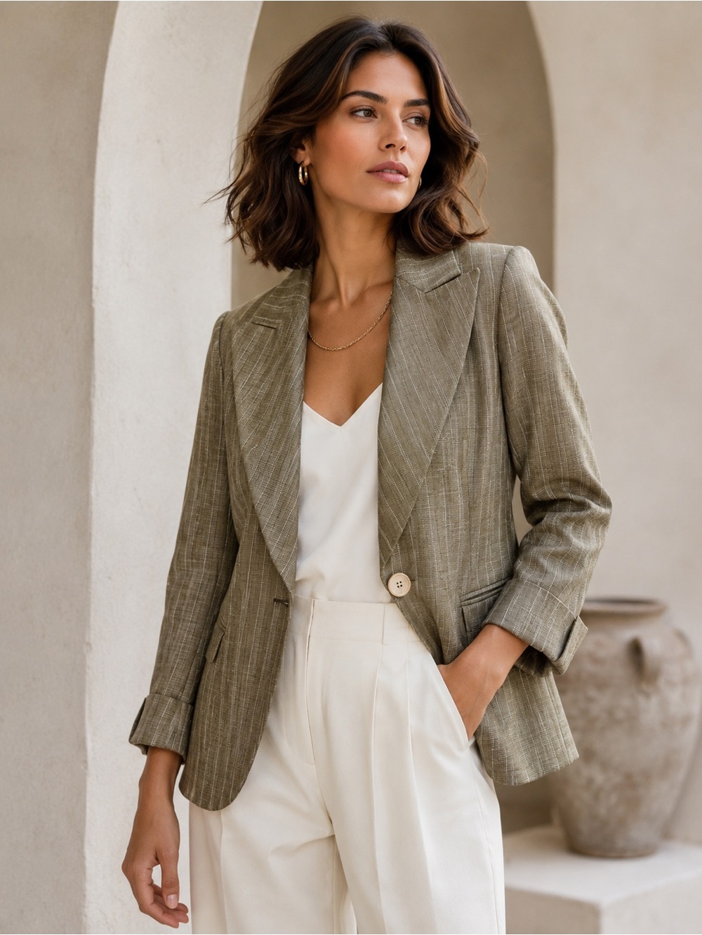 Lafayette 148 New York 10P Wool Linen Pinstripe Blazer Olive Taupe